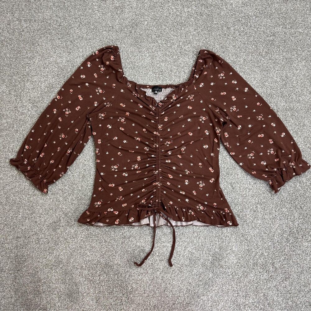 Zenobia Blouse Womens 1XL Brown Floral Square Neck Ruched Peplum Boho Top Fair